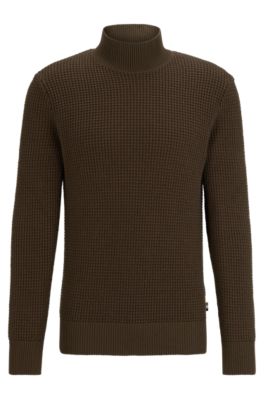 Hugo Boss Mock-neck Sweater In Structured Cotton And Virgin Wool In Light Green