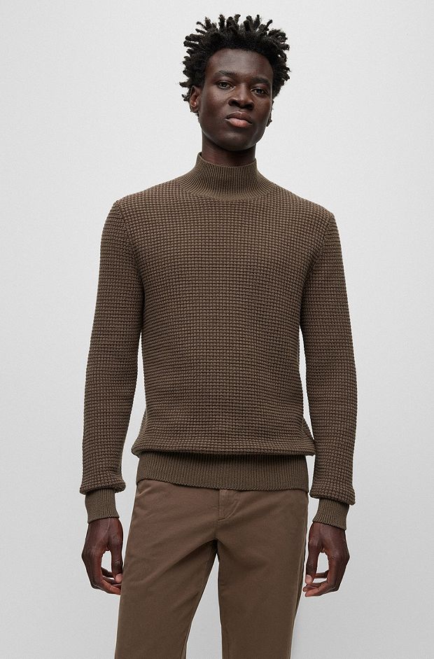 Mock-neck sweater in structured cotton and virgin wool, Light Green