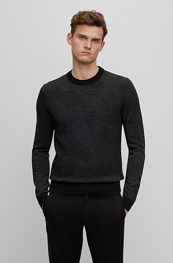 Jersey de lana virgen con monograma de jacquard en dos tonos, Negro