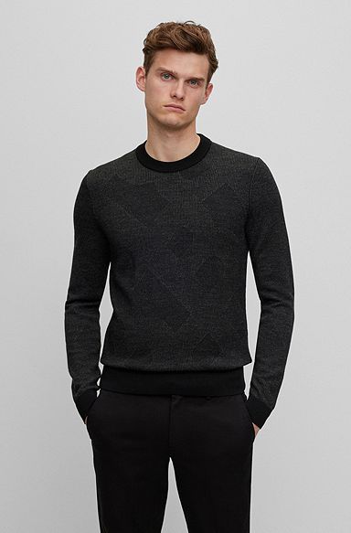 Virgin-wool sweater with two-tone monogram jacquard, Black