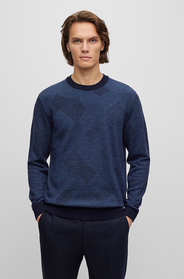 Virgin-wool sweater with two-tone monogram jacquard, Dark Blue