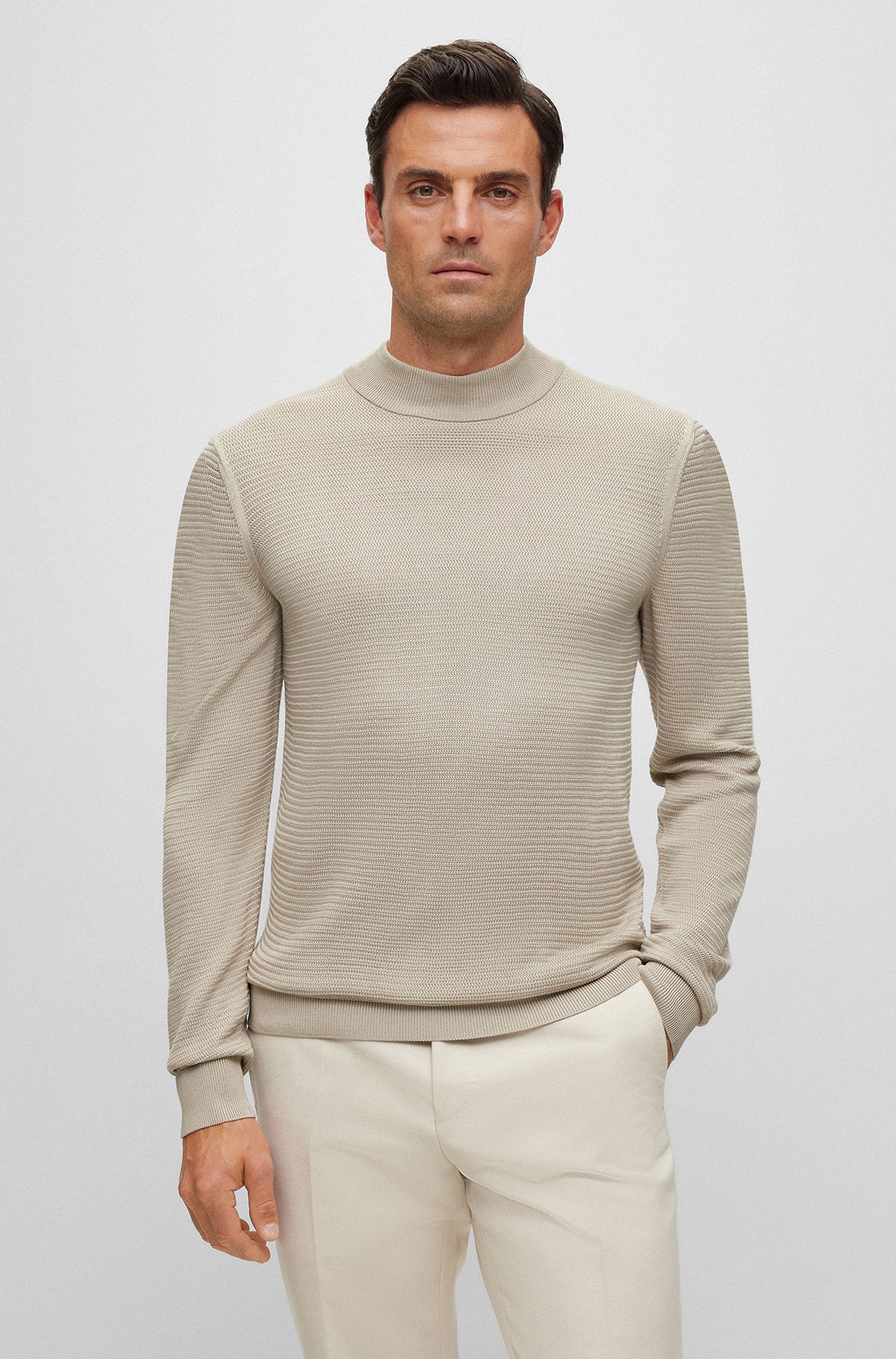 Mock-neck sweater in knitted silk, Light Beige