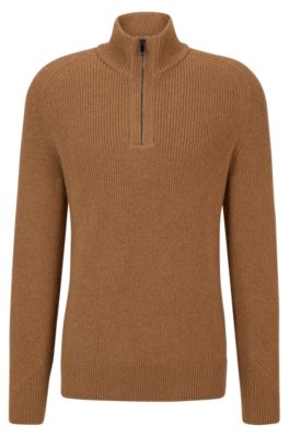 BOSS Camel hair sweater with zip neckline