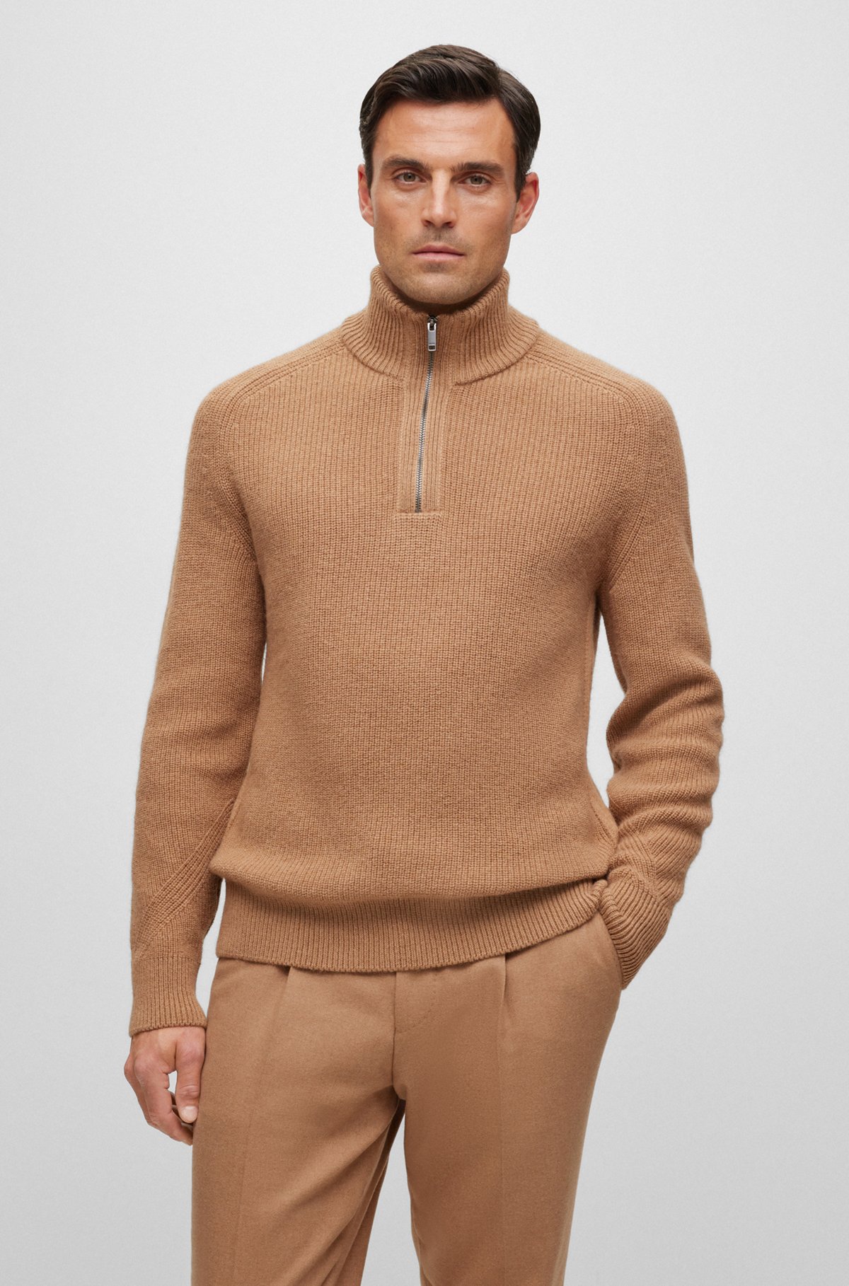 BOSS - Camel-hair sweater with zip neckline - Beige BOSS - Camel-hair sweater with zip neckline - Beige