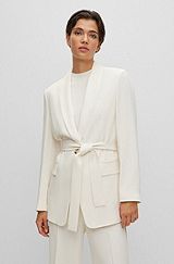Oversize-fit jacket with tie belt and silken trims, White