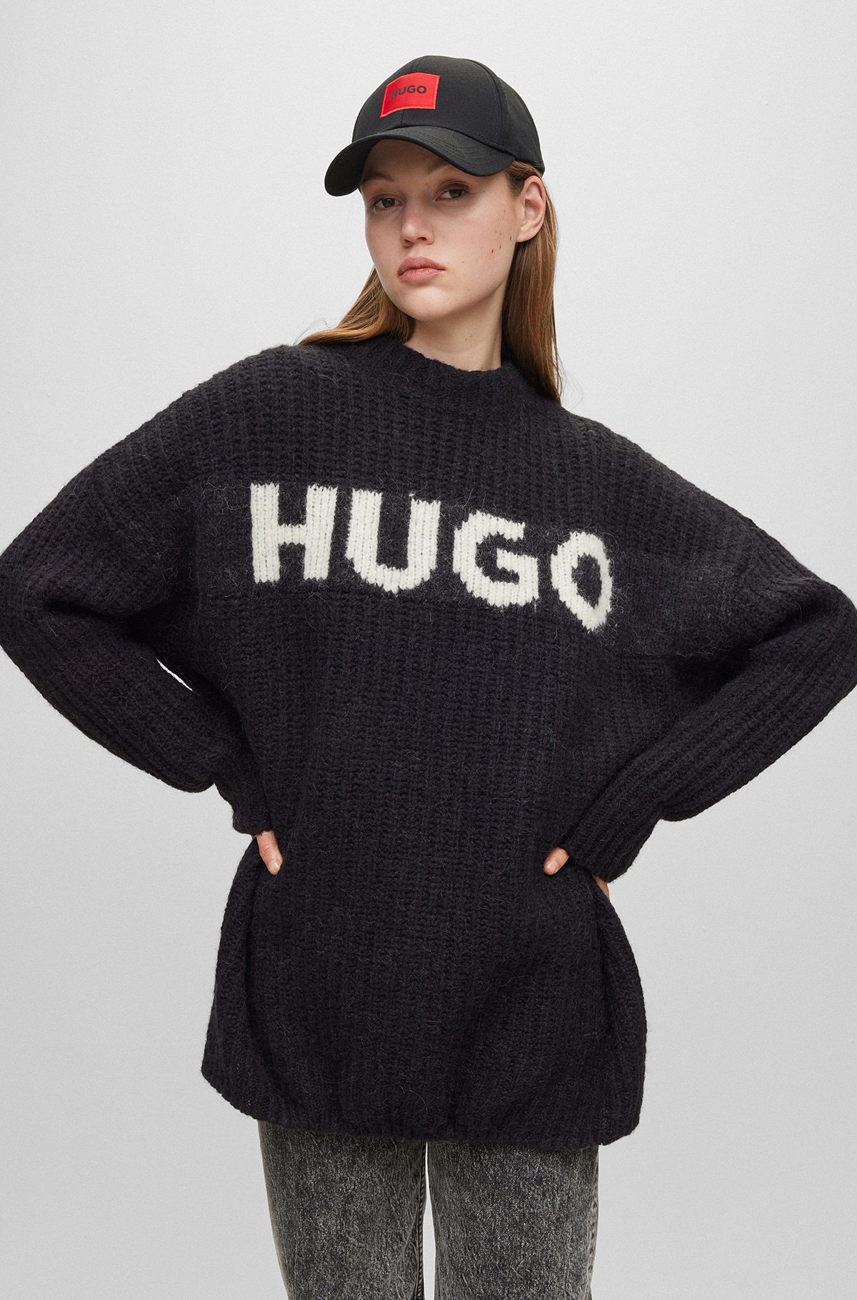 Oversize-fit sweater with logo jacquard, Black