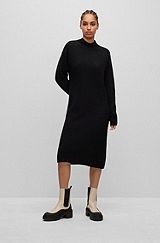 Mock-neck knitted dress with mixed ribbed structures, Black