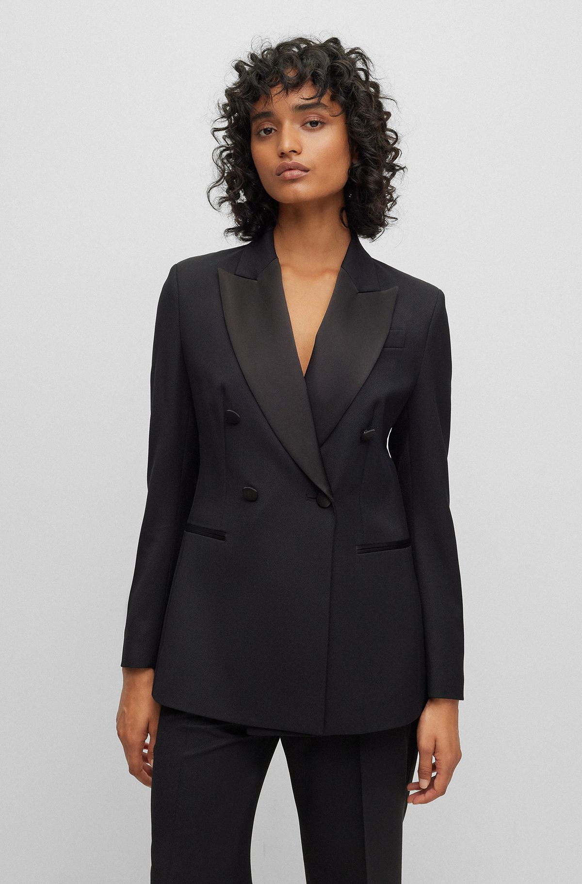 Slim-fit tuxedo jacket in wool-blend twill, Black