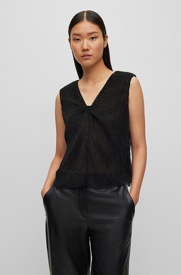 Sleeveless slim-fit blouse with metallic fibers, Black