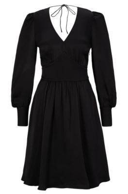 BOSS - Long-sleeved dress in hammered satin with V neckline