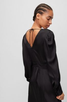 BOSS - Long-sleeved dress in hammered satin with V neckline