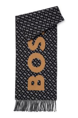 Hugo Boss Fringed Scarf With Logo And Monograms In Black