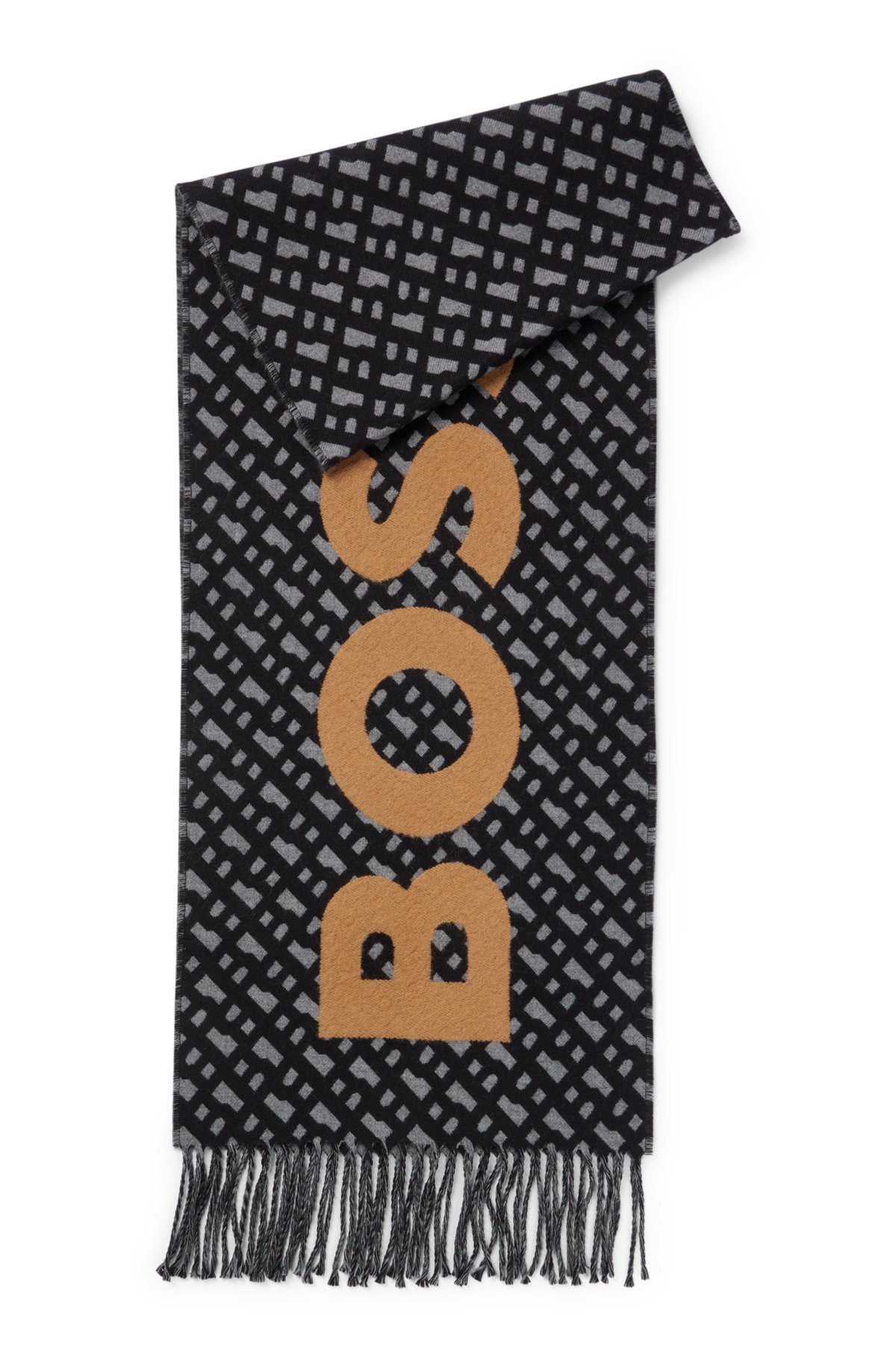 Fringed scarf with logo and monograms, Black