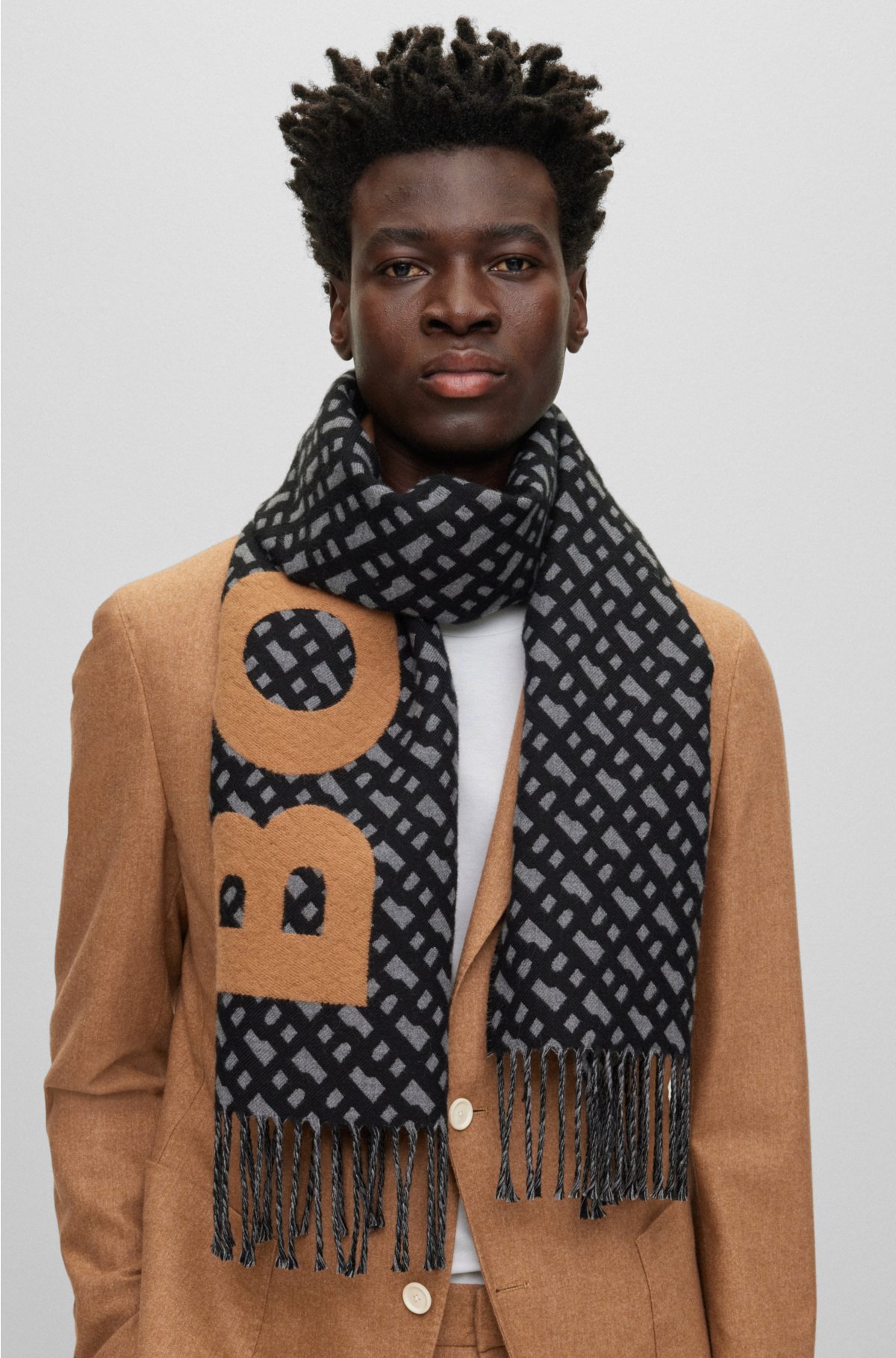Shop Louis Vuitton Monogram Silk Plain Fringes Khaki Logo Knit