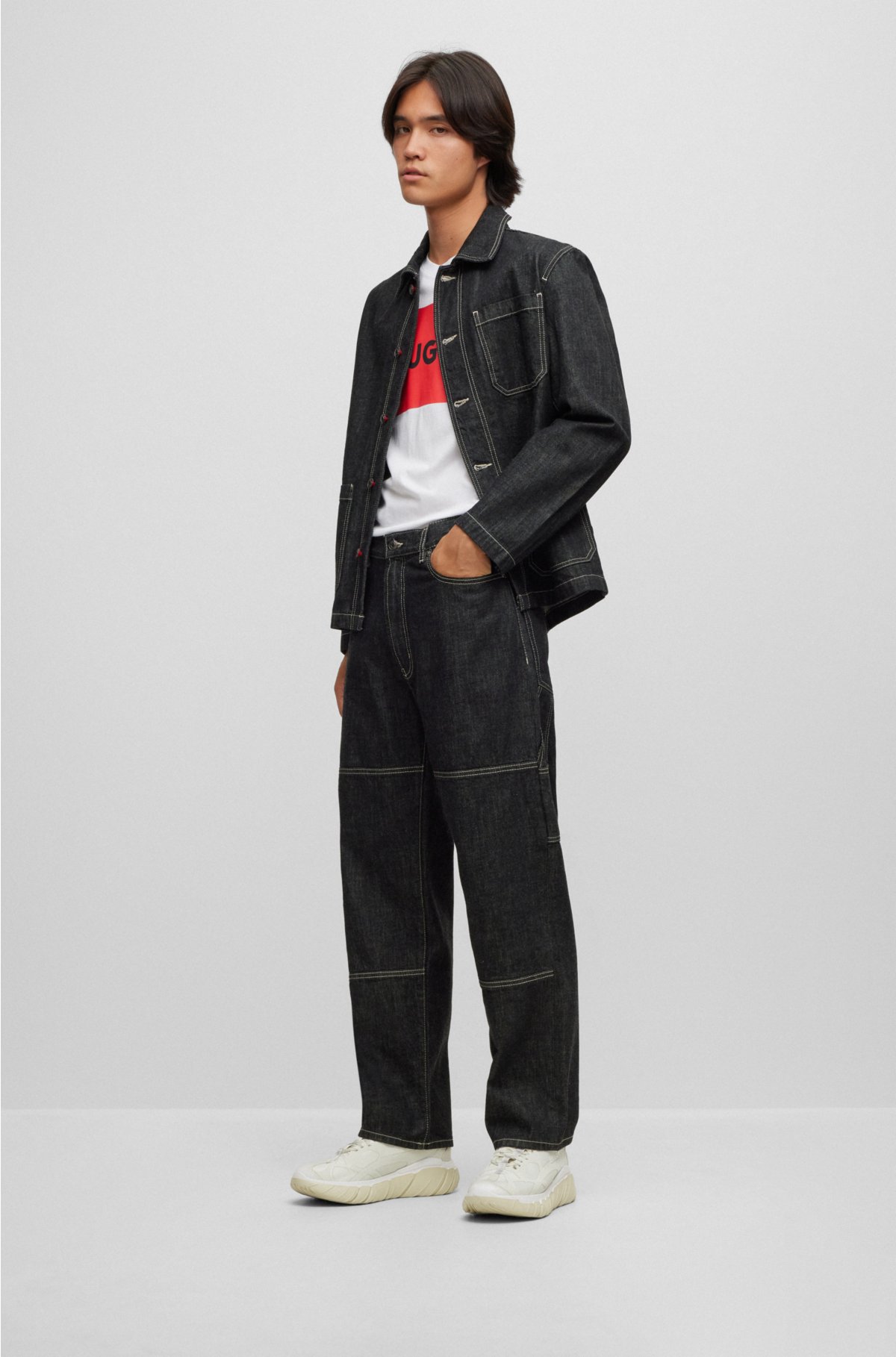 HUGO - Loose-fit jeans in black Japanese rigid denim