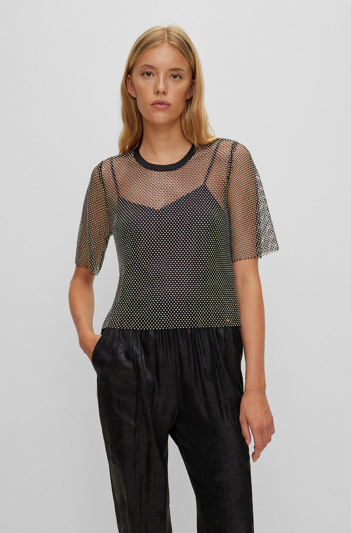 Regular-fit blouse in sparkling mesh with crystal details, Black