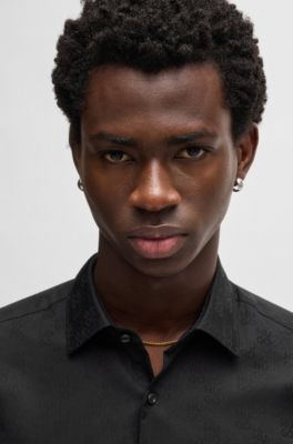 Camisa slim fit de algod&oacute;n con logo de nueva temporada en jacquard, Negro