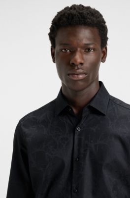 Slim-fit shirt in cotton with a stacked-logo jacquard, Black