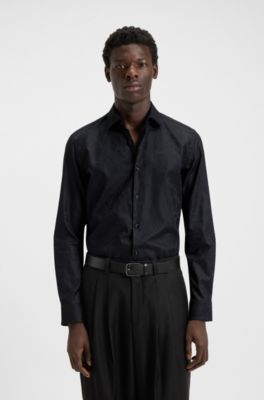 Slim-fit shirt in cotton with a stacked-logo jacquard, Black