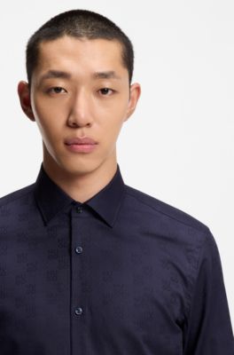 Slim-fit shirt in cotton with a stacked-logo jacquard, Dark Blue