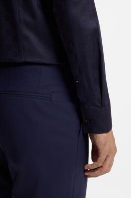 Slim-fit shirt in cotton with a stacked-logo jacquard, Dark Blue