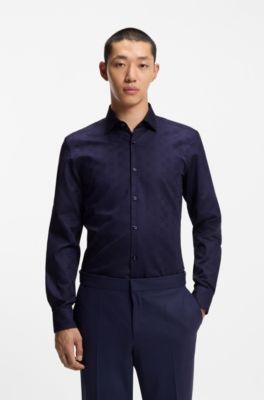 Camisa slim fit de algod&oacute;n con logo de nueva temporada en jacquard, Azul oscuro