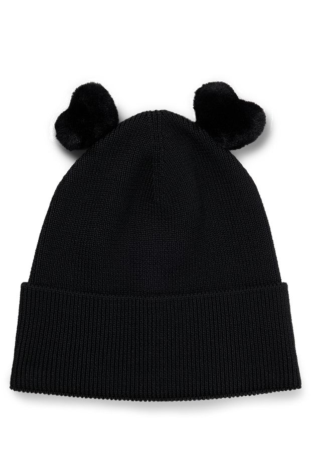 Ribbed beanie hat with heart-shaped pom-poms, Black