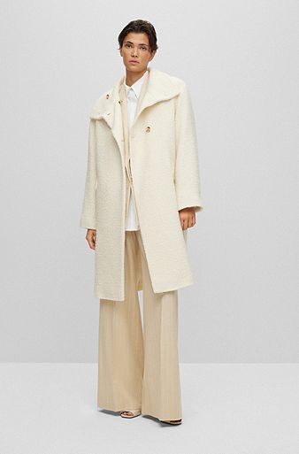 Manteau Regular Fit en tweed doux à col mao, Blanc