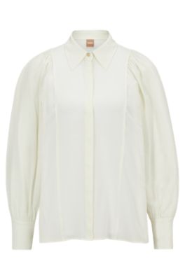 Shop Hugo Boss Regular-fit Blouse In Washed Silk With Concealed Packet In White