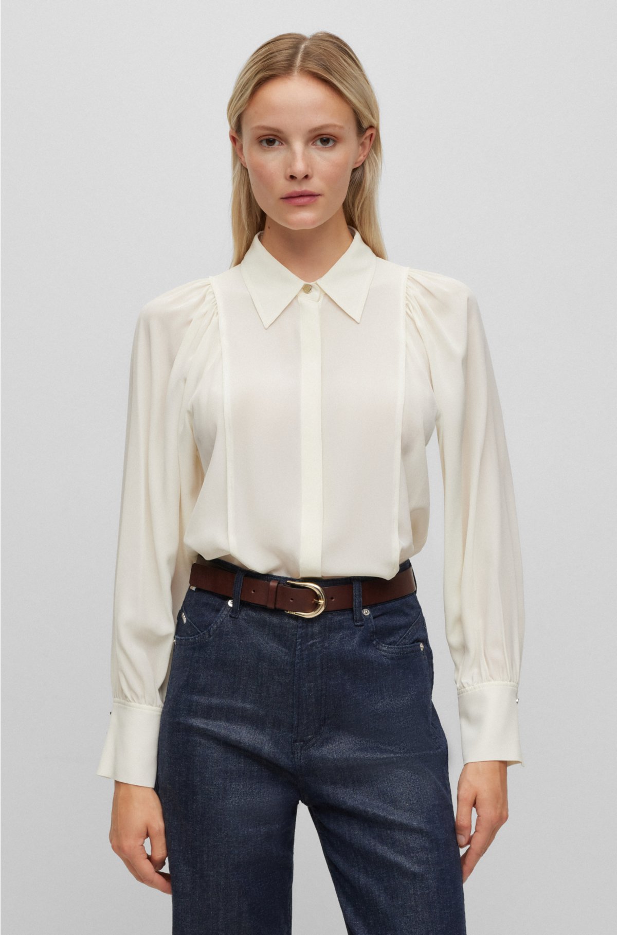Regular-fit blouse in washed silk with concealed packet