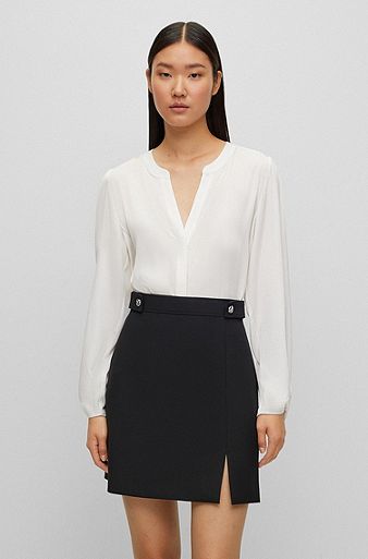Collarless relaxed-fit blouse in stretch silk, White