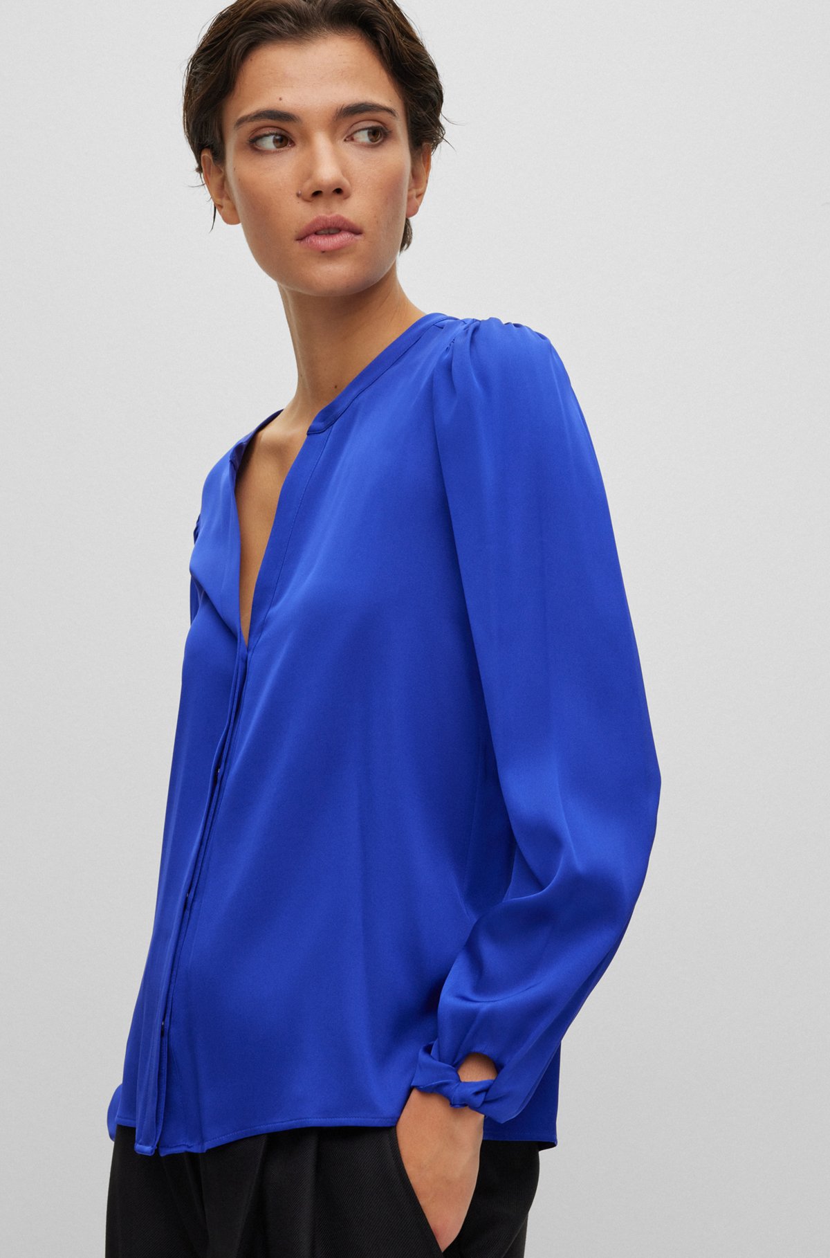BOSS - Collarless relaxed-fit blouse in stretch silk