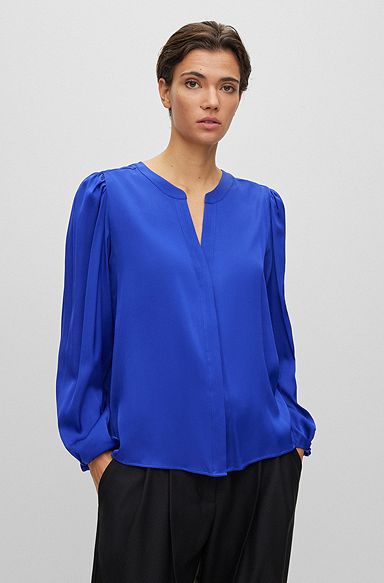 Collarless relaxed-fit blouse in stretch silk, Light Blue