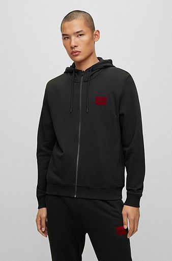 Cotton-terry zip-up hoodie with flock-print logo, Black