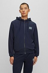 Cotton-terry zip-up hoodie with flock-print logo, Dark Blue