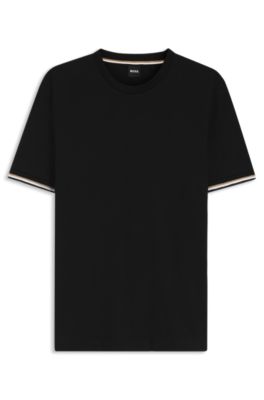 Cotton-jersey T-shirt with signature-stripe cuffs, Black