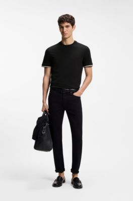 Camiseta en punto de algod&oacute;n con raya caracter&iacute;stica en los pu&ntilde;os, Negro