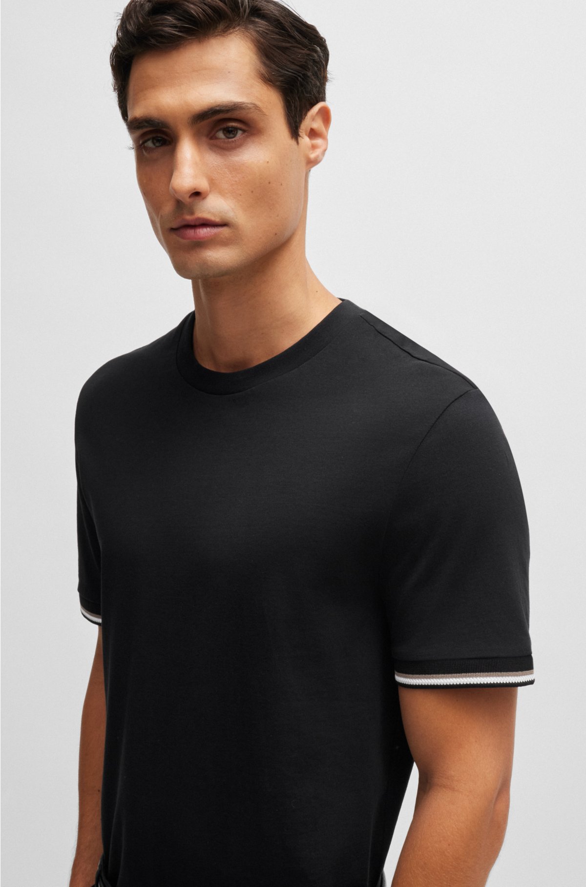 Cotton-jersey T-shirt with signature-stripe cuffs, Black