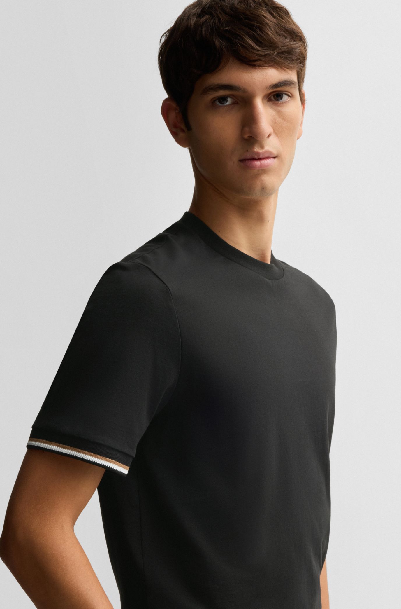 BOSS - Cotton-jersey T-shirt with signature-stripe cuffs - Black