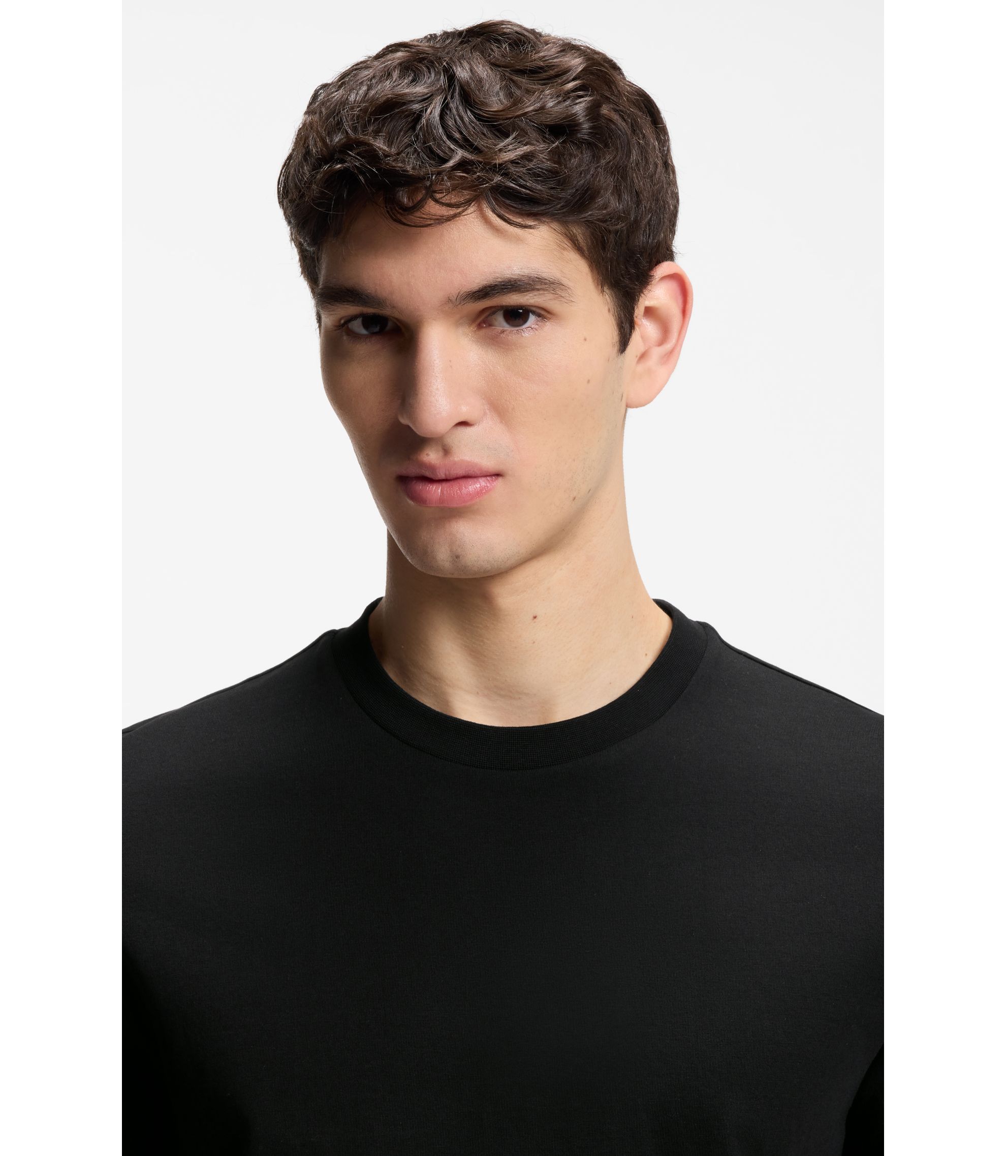 BOSS - Cotton-jersey T-shirt with signature-stripe cuffs - Black