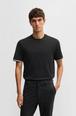 Cotton-jersey T-shirt with signature-stripe cuffs, Black