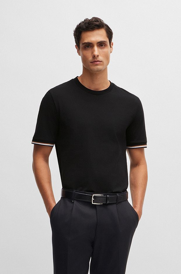 T-shirt en jersey de coton avec bas de manches à rayures emblématiques, Noir