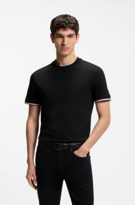 Camiseta en punto de algod&oacute;n con raya caracter&iacute;stica en los pu&ntilde;os, Negro
