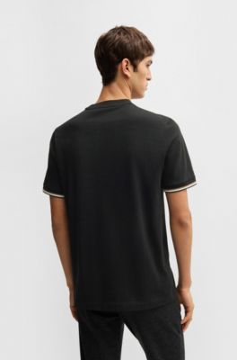 Cotton-jersey T-shirt with signature-stripe cuffs, Black