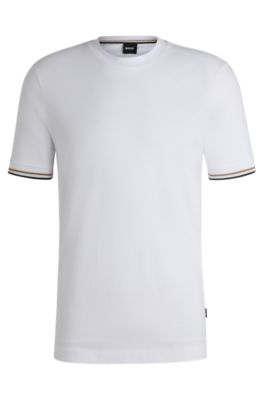 BOSS - Cotton-jersey T-shirt with signature-stripe cuffs - White