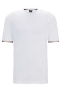 T-shirt en jersey de coton avec bas de manches à rayures emblématiques, Blanc