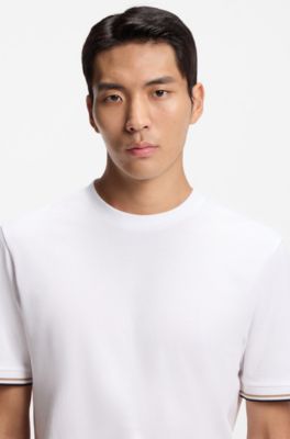 Cotton-jersey T-shirt with signature-stripe cuffs, White
