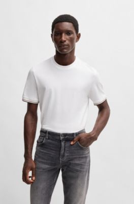Cotton-jersey T-shirt with signature-stripe cuffs, White