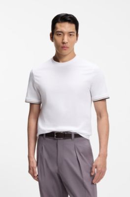 Cotton-jersey T-shirt with signature-stripe cuffs, White