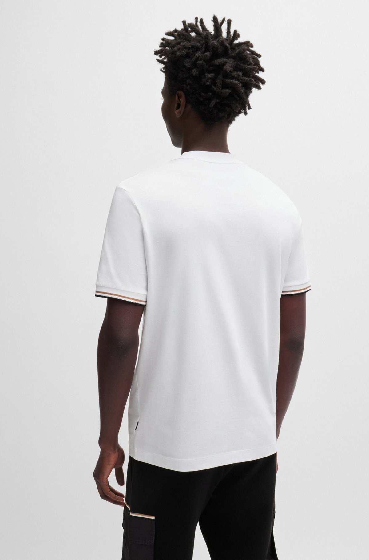 T-shirt en jersey de coton avec bas de manches à rayures emblématiques, Blanc